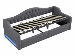 ModernLuxe Sofá-cama acolchado 90×200 cm - con tira LED luminosa - compartimento de almacenamiento - con somier de láminas -