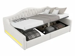 Best Sofá-cama acolchado 140×200 cm - con tira luminosa LED - almacenamiento - con somier de láminas - Cama Diván