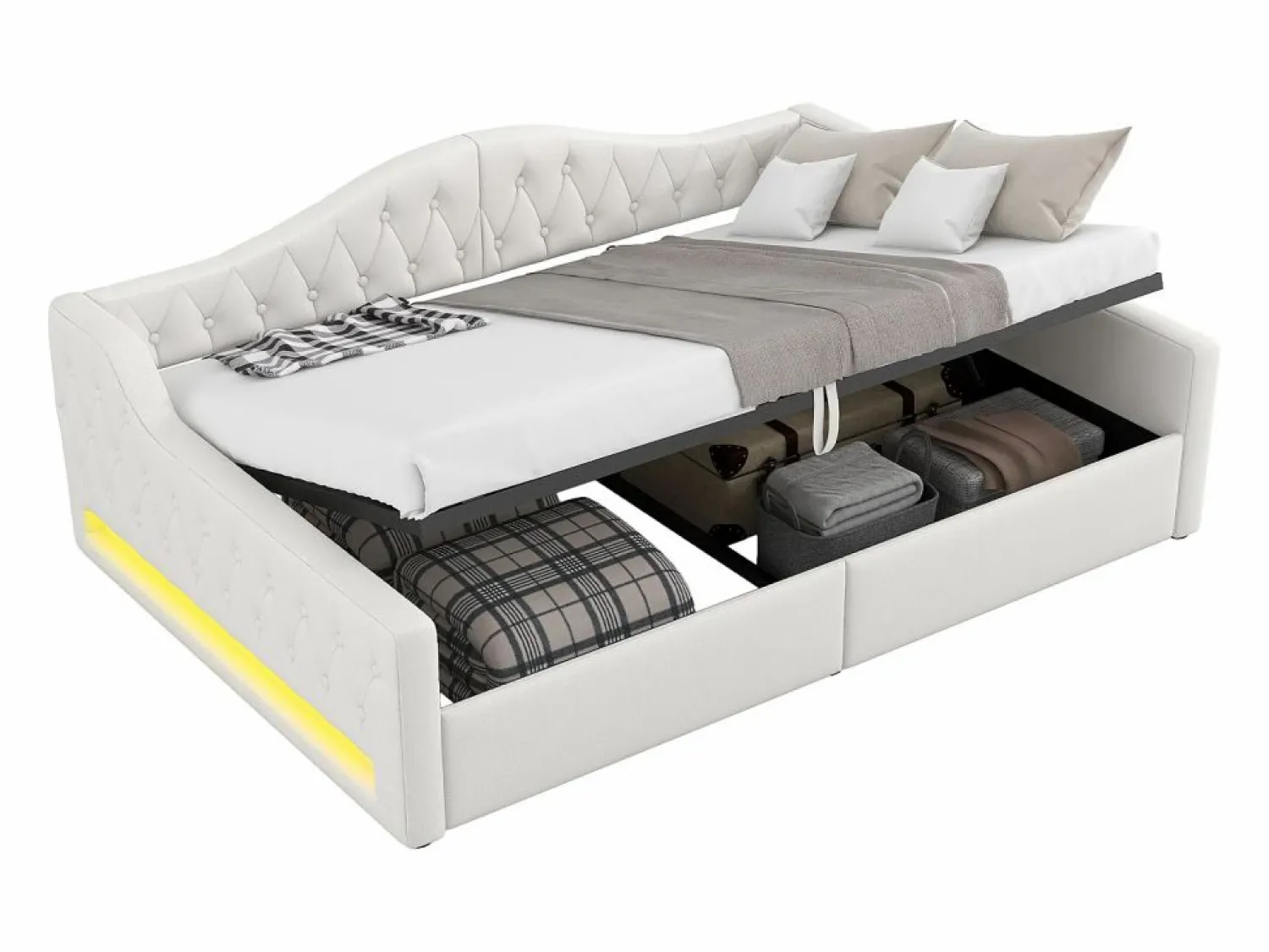 Best Sofá-cama acolchado 140×200 cm - con tira luminosa LED - almacenamiento - con somier de láminas - Cama Diván
