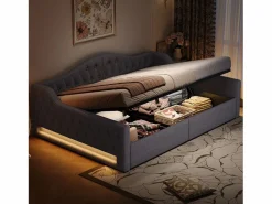 Hot Sofá-cama acolchado 140×200 cm - con tira LED luminosa - compartimento de almacenamiento - con somier de láminas - Cama Diván