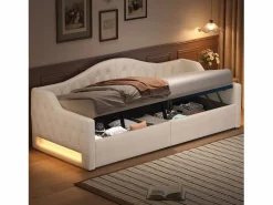 ModernLuxe Sofá-cama acolchado 90×200 cm - con tira luminosa LED - almacenamiento - con somier de láminas -