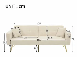 KOMHTOM Sofá-cama con función de cama, ángulo ajustable, patas doradas, con cojines y bolsillos de almacenamiento laterales,