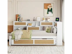 ModernLuxe Sofá-cama em madeira maciça 90x200cm - Com cama de rodízio - Com vários compartimentos de arrumação - Com porta de carregamento - Branco (sem colchão)