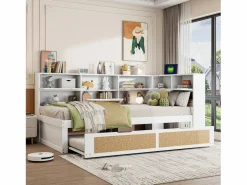 ModernLuxe Sofá-cama em madeira maciça 90x200cm - Com cama de rodízio - Com vários compartimentos de arrumação - Com porta de carregamento - Branco (sem colchão)