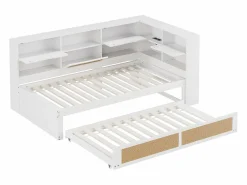 ModernLuxe Sofá-cama em madeira maciça 90x200cm - Com cama de rodízio - Com vários compartimentos de arrumação - Com porta de carregamento - Branco (sem colchão)