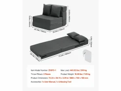 Sale Sofá-Cama Plegable SucceBuy, 3 en 1 Plegable con 2 Almohadas, Gris Oscuro, Individual Sofá Vintage