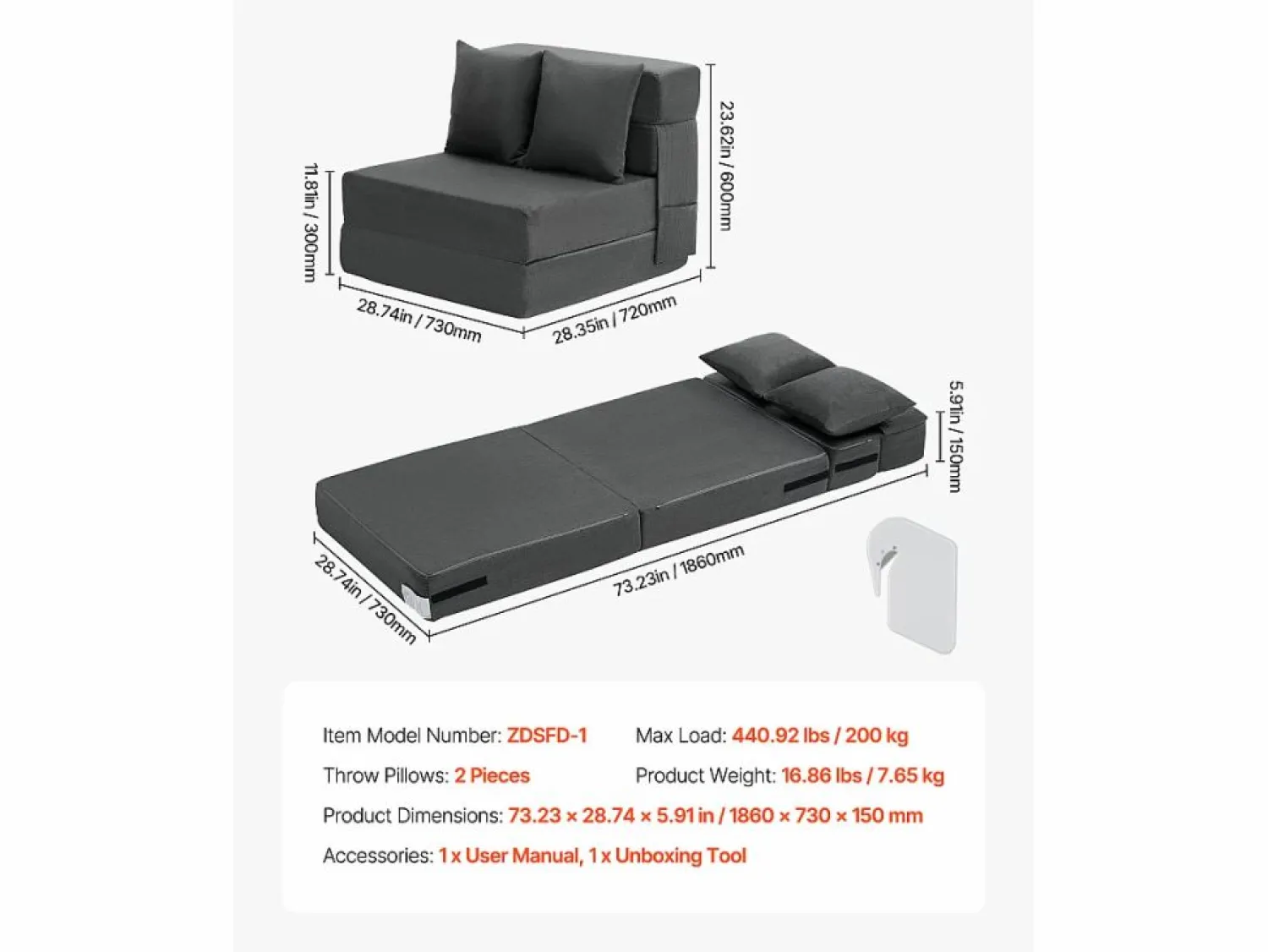 Sale Sofá-Cama Plegable SucceBuy, 3 en 1 Plegable con 2 Almohadas, Gris Oscuro, Individual Sofá Vintage