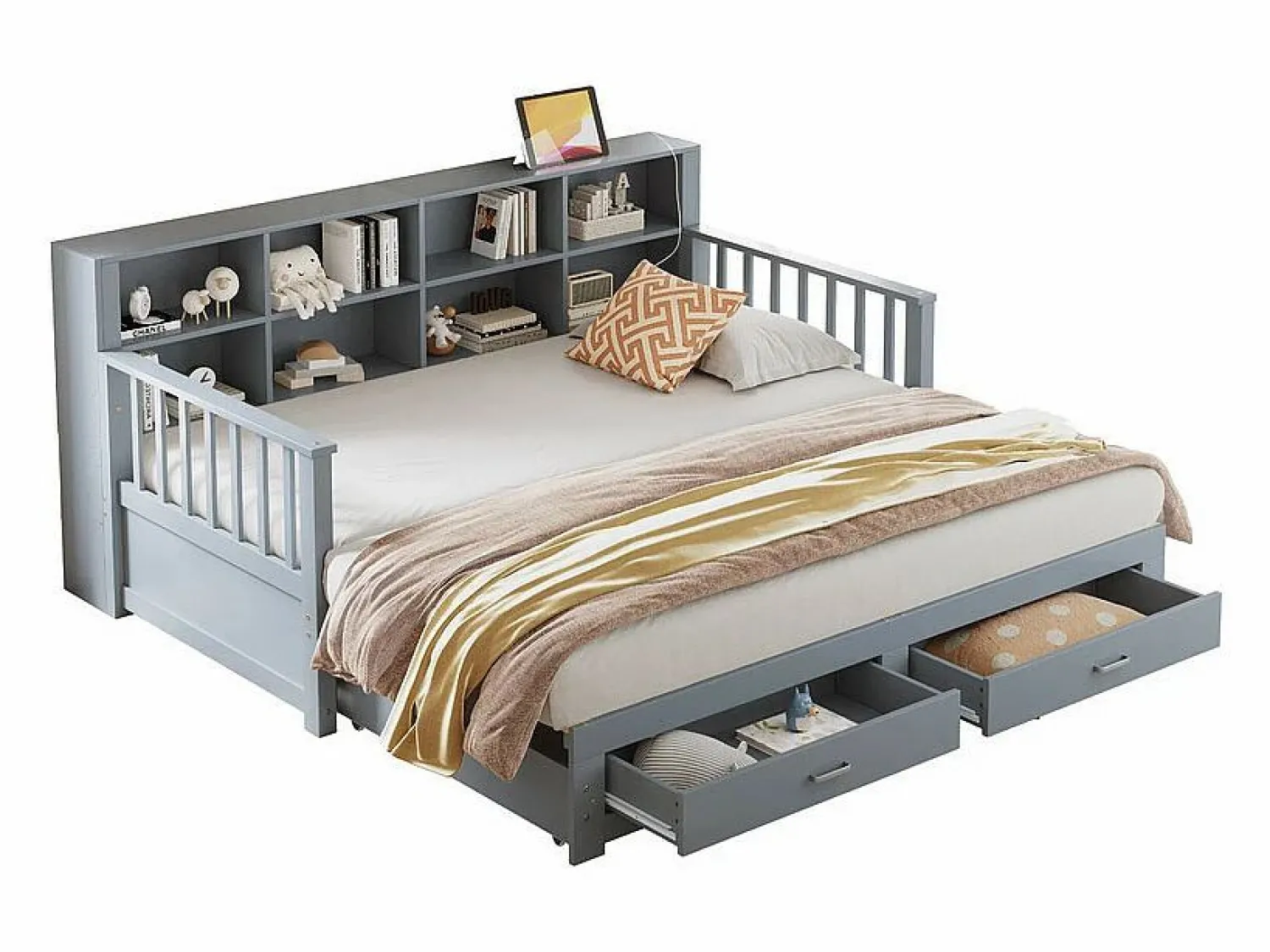 ModernLuxe Sofá-cama tipo gigue en madera maciza 90/180x190 cm - con toma de carga - con almacenamiento - con 2 cajones - somier de listones - (colchón no incluido)