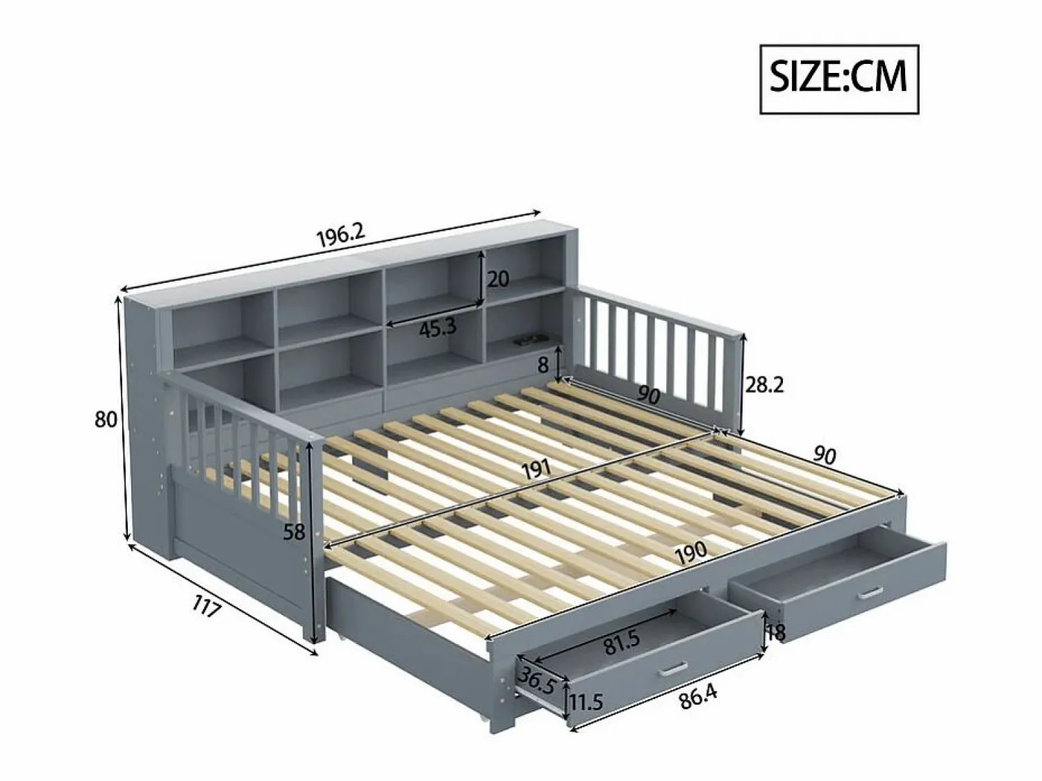ModernLuxe Sofá-cama tipo gigue en madera maciza 90/180x190 cm - con toma de carga - con almacenamiento - con 2 cajones - somier de listones - (colchón no incluido)
