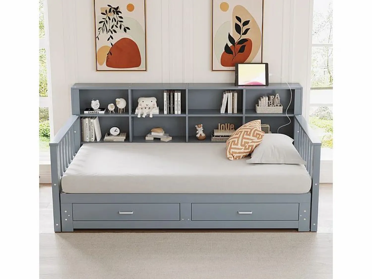 ModernLuxe Sofá-cama tipo gigue en madera maciza 90/180x190 cm - con toma de carga - con almacenamiento - con 2 cajones - somier de listones - (colchón no incluido)