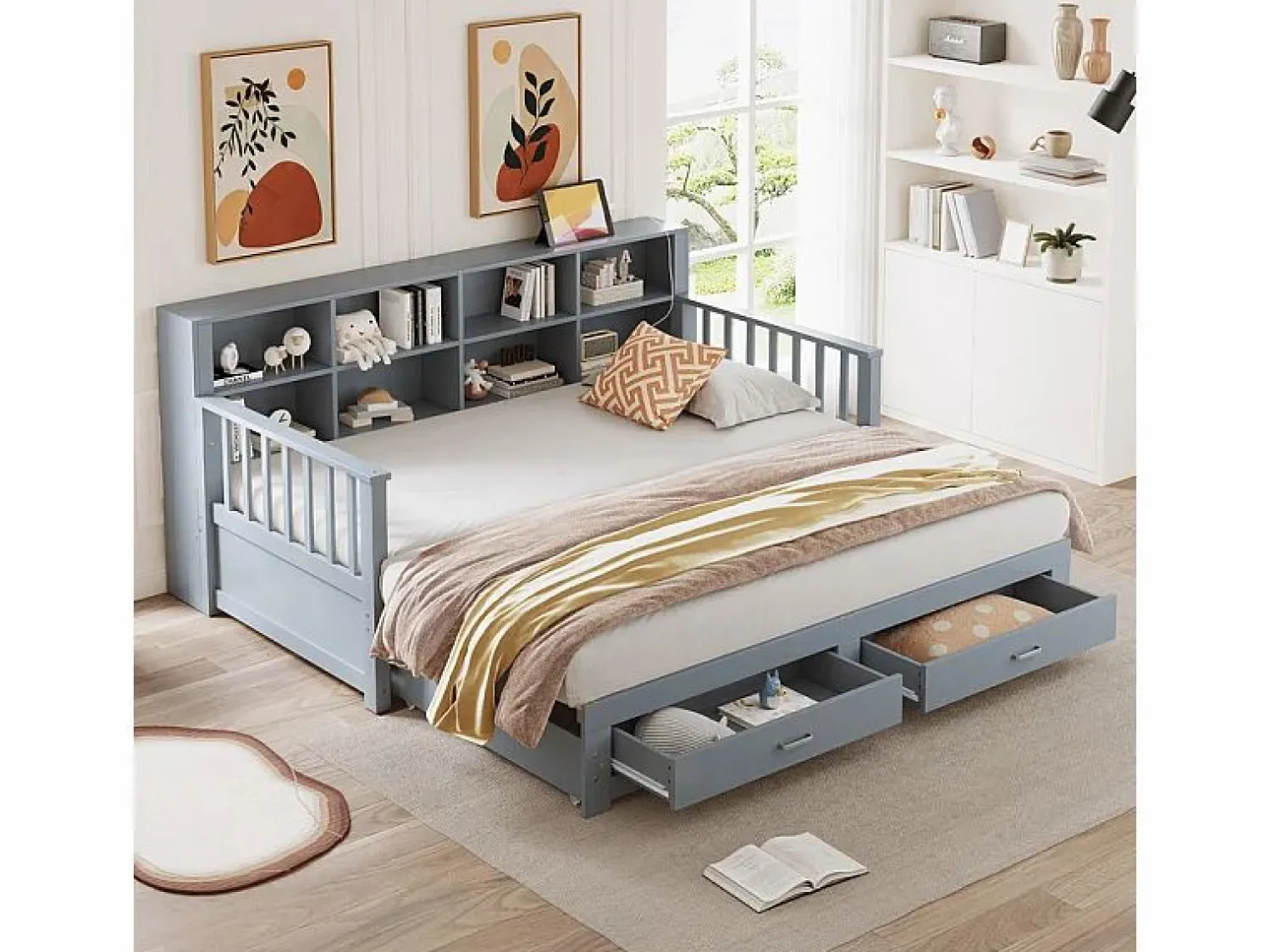 ModernLuxe Sofá-cama tipo gigue en madera maciza 90/180x190 cm - con toma de carga - con almacenamiento - con 2 cajones - somier de listones - (colchón no incluido)