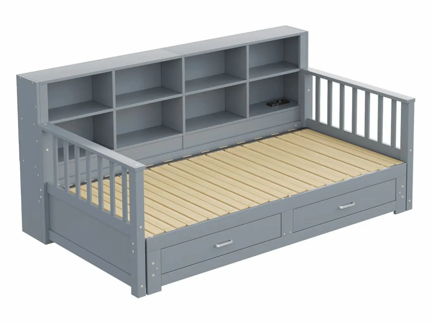 ModernLuxe Sofá-cama tipo gigue en madera maciza 90/180x190 cm - con toma de carga - con almacenamiento - con 2 cajones - somier de listones - (colchón no incluido)