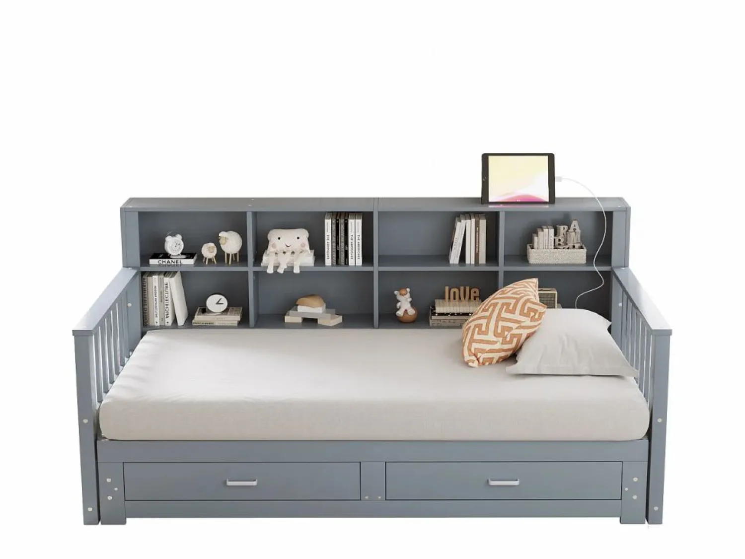 ModernLuxe Sofá-cama tipo gigue en madera maciza 90/180x190 cm - con toma de carga - con almacenamiento - con 2 cajones - somier de listones - (colchón no incluido)