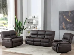 Discount Vente-unique Sofás 3+2 relax: manual de piel sintética marrón pespuntes beige CANBY Marru00f3n