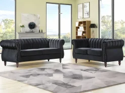 Hot Vente-unique Sofás chesterfield de 3 y 2 plazas de terciopelo TRUMBO Negro