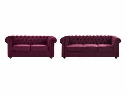 Sofás Chesterfield de terciopelo morado de 3 plazas y 2 plazas Conjunto Sofás