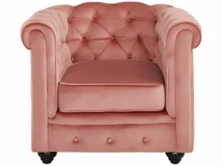 Vente-unique Sofás de 3 plazas, 2 plazas y un sillón de terciopelo rosa pastel CHESTERFIELD