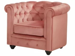 Vente-unique Sofás de 3 plazas, 2 plazas y un sillón de terciopelo rosa pastel CHESTERFIELD
