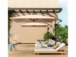 Sombrilla Cantilever Ø260cm, tejido de poliéster 180g/m², protección UV50+, color caqui, incluye base, manivela y funda (295x250x235cm)