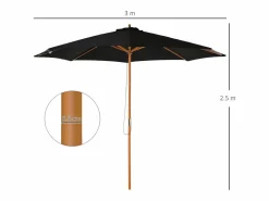 Sombrilla de madera, 300 cm, robusta y elegante, bambú, color negro, (300x300x250 cm)