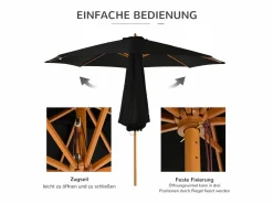 Sombrilla de madera, 300 cm, robusta y elegante, bambú, color negro, (300x300x250 cm)