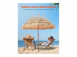 Clearance Sombrilla Hawaiana SucceBuy, Sombrilla Exótica Inclinable de 2 m con Techo de Paja de Polipropileno y 8 Varillas Metálicas, para Playa, Patio, Piscina y Jardín Marru00f3n