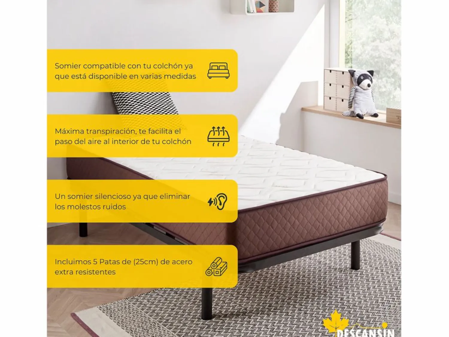 Discount Somier con Patas Descansin | 180x200 cm | Materiales Resistentes | Silencioso | Gran Transpirabilidad Negro