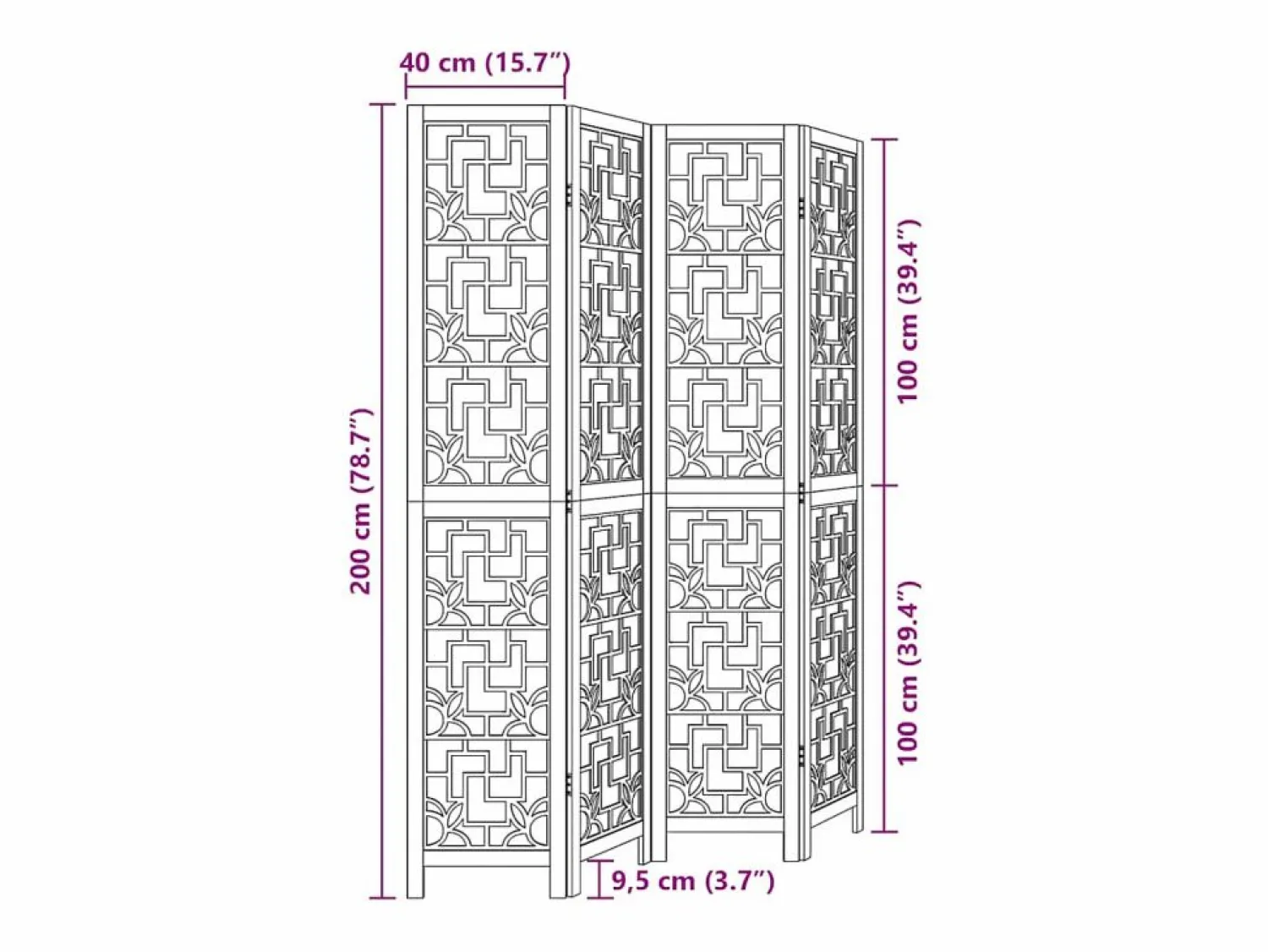 Tabique divisorio de 4 paneles en madera maciza de paulownia marrón