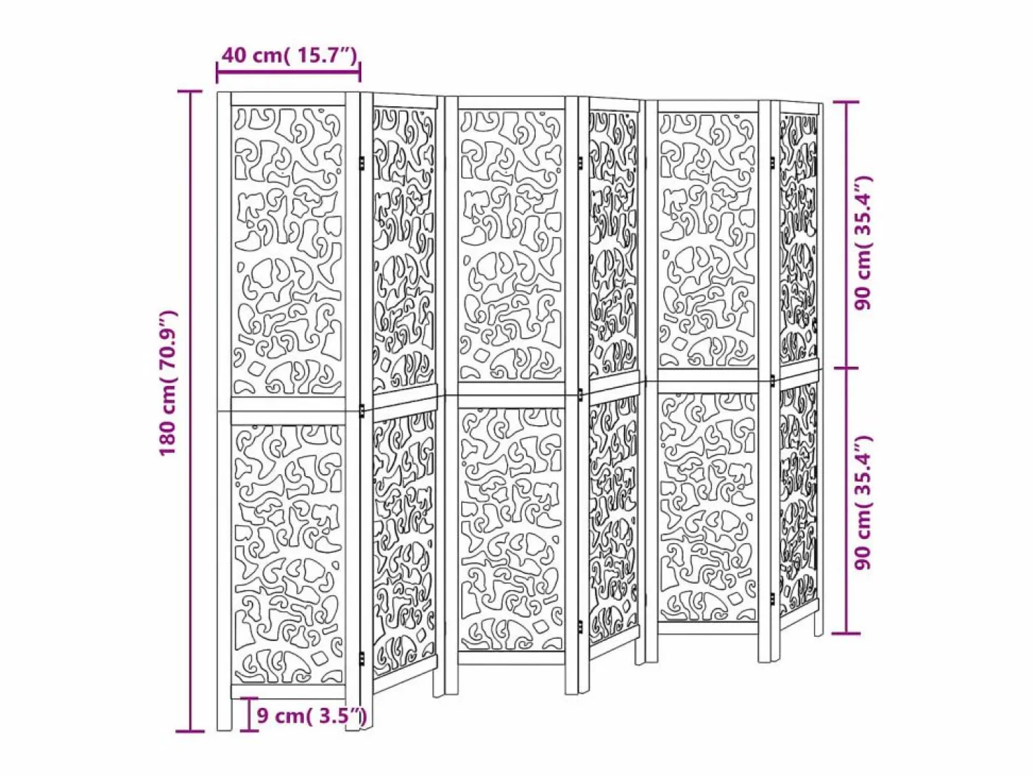 Tabique divisorio de 6 paneles en madera maciza de paulownia negra