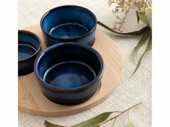 Clearance Tabla de aperitivo Moana Bidasoa 3 cuencos cerámica natural/azul Azul oscuro