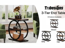 Tribesigns Tabla de apoyo estrecha de 3 niveles, Mesa de salón de madera con marco de metal negro, Mesa baja industrial para sofá