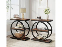 Tribesigns Tabla de apoyo estrecha de 3 niveles, Mesa de salón de madera con marco de metal negro, Mesa baja industrial para sofá