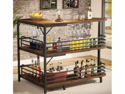 Discount Tabla de bar en forma de L, Tabla de licor de 3 niveles de bistro con estantería para vinos y soporte para vasos de vino, Marrón rústico Botellero|Accesorios Para Vino Y Bar