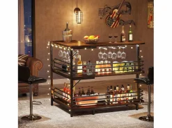Discount Tabla de bar en forma de L, Tabla de licor de 3 niveles de bistro con estantería para vinos y soporte para vasos de vino, Marrón rústico Botellero|Accesorios Para Vino Y Bar