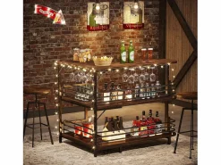 Discount Tabla de bar en forma de L, Tabla de licor de 3 niveles de bistro con estantería para vinos y soporte para vasos de vino, Marrón rústico Botellero|Accesorios Para Vino Y Bar