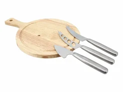 Clearance Menastyl Tabla de cortar rectangular de madera de acacia con 3 cuchillos para queso de acero inoxidable. Marru00f3n