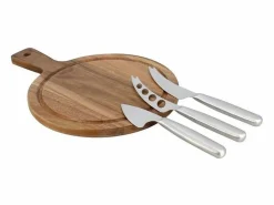 Clearance Menastyl Tabla de cortar rectangular de madera de acacia con 3 cuchillos para queso de acero inoxidable. Marru00f3n