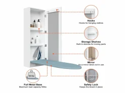 Clearance Tabla de planchar de pared con mueble de almacenaje, tabla de planchar integrada, estructura plegable, espejo de pared, MDF (35,5x17,5x95 cm) Blanco
