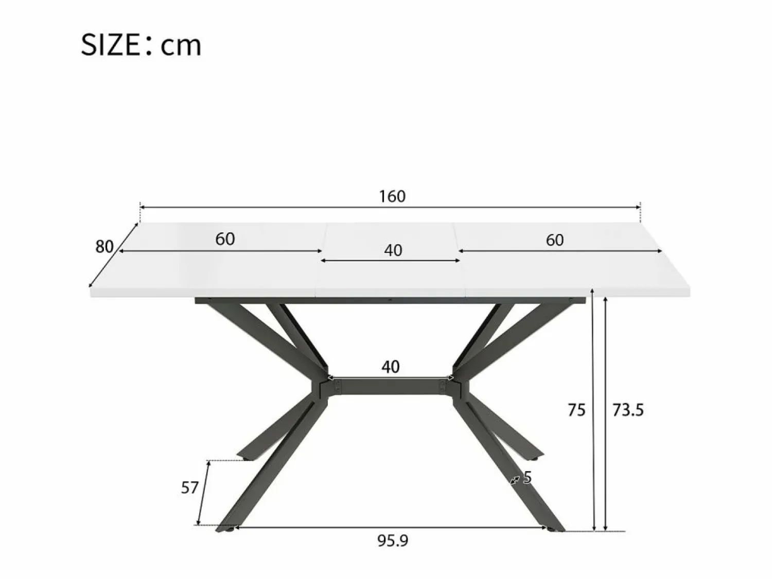 DripeX Tablero de comedor extensible 120/160 cm, 4 a 6 personas, en MDF y metal, mesa rectangular Blanco