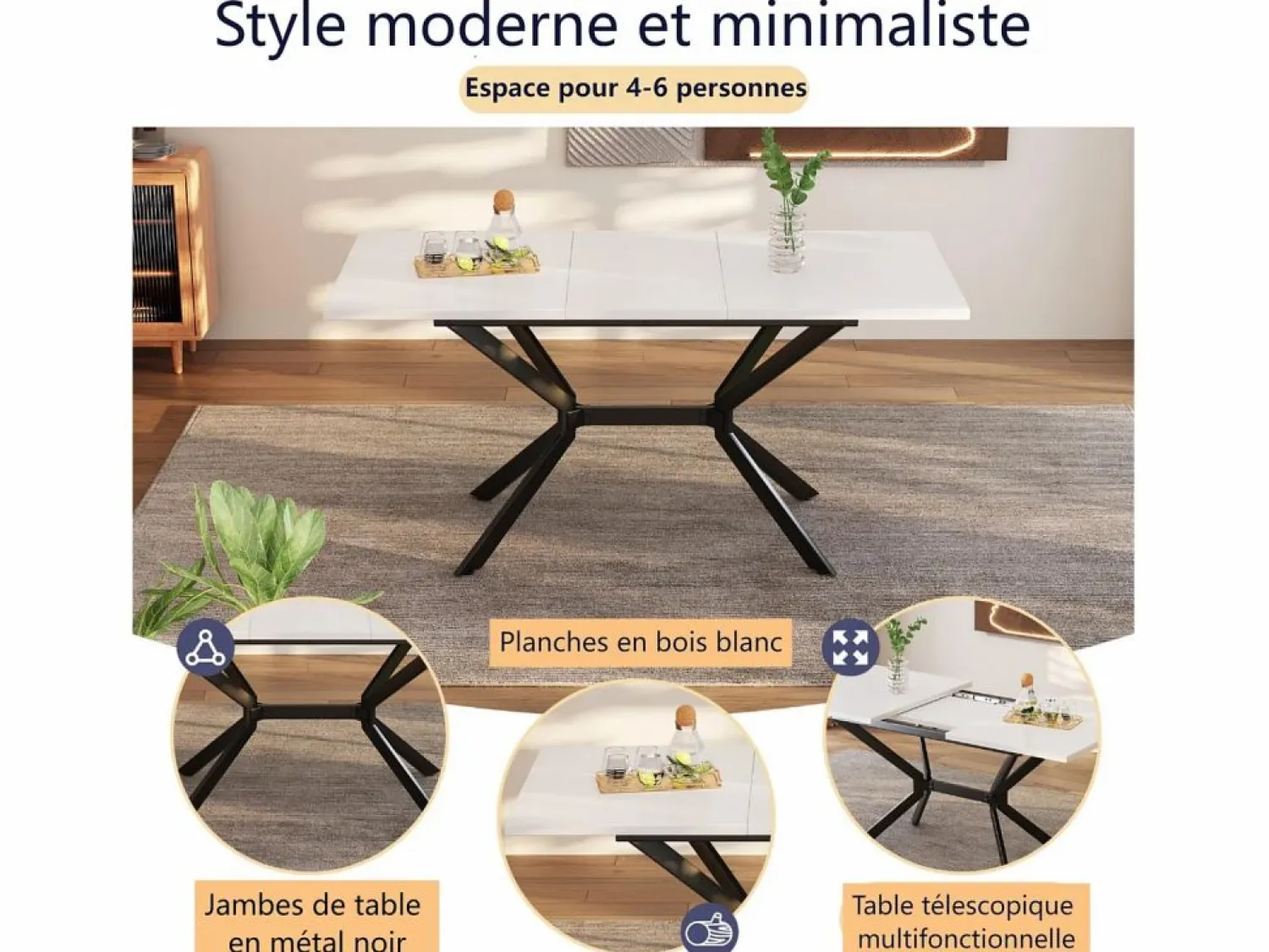 DripeX Tablero de comedor extensible 120/160 cm, 4 a 6 personas, en MDF y metal, mesa rectangular Blanco