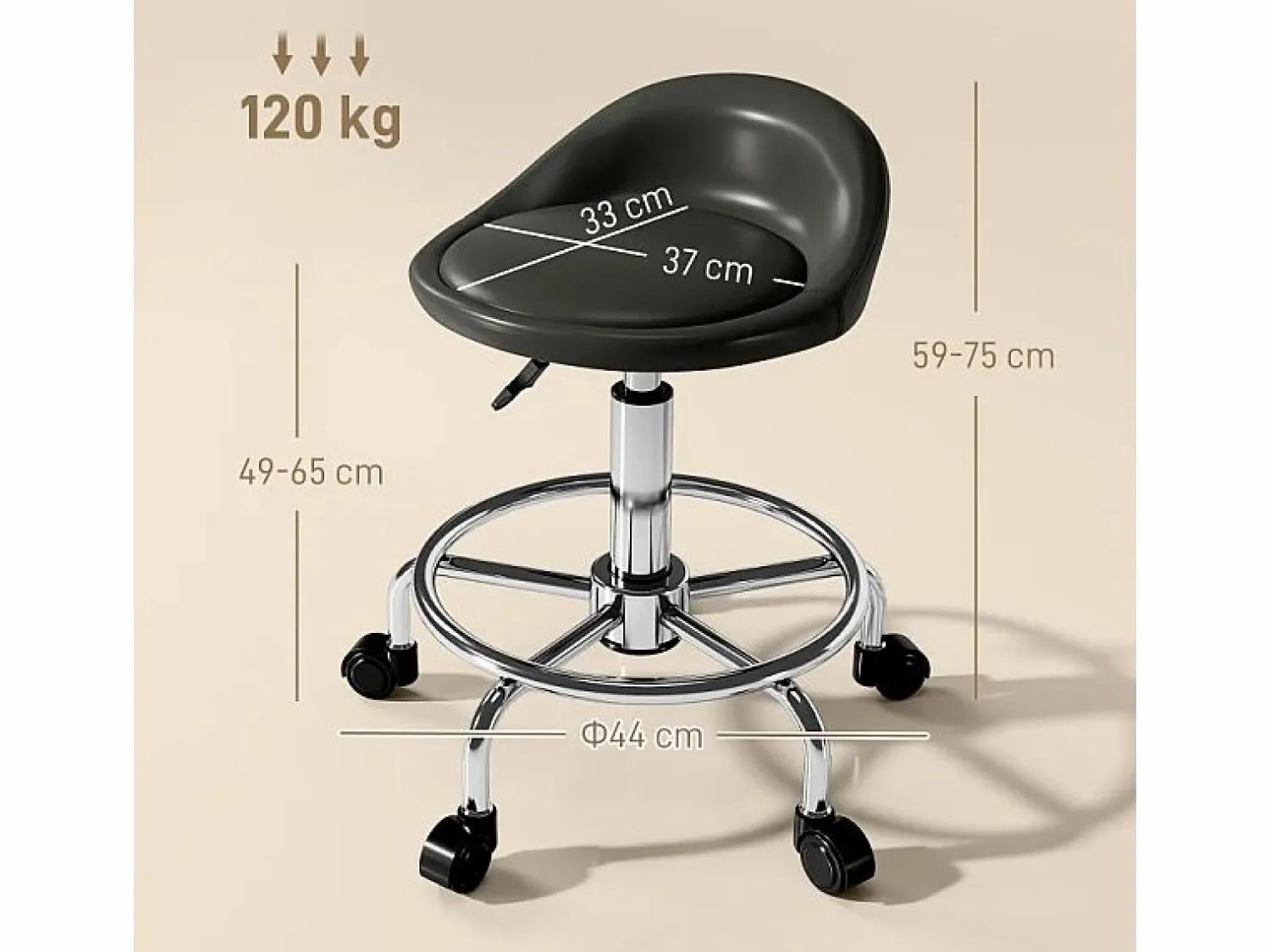 Sale Taburete con ruedas regulable, con respaldo y reposapiés, piel sintética, color (43x43x59-75 cm) Negro