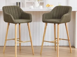 New Taburete de Bar con Respaldo y Reposabrazos - Pies en Roble, Asiento de Lino - Altura Fija 75 cm - Ideal para Mostrador, Isla de Cocina, Barra Verde
