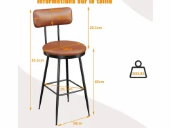Online Taburete de bar, juego de 4, trona de cocina, silla de bar con reposapiés y respaldo, para comedor, cocina, piel sintética, marrón Marru00f3n