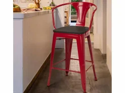Best AHD taburete de metal y madera con respaldo de diseño industrial estilo steel wood back - Rojo