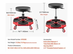 Sale Taburete de Taller, SucceBuy Taburete de Taller Móvil, Asiento de Mecánico con Ruedas, Capacidad 136 kg para Reparación y Mantenimiento de Automóviles, y Rojo Negro