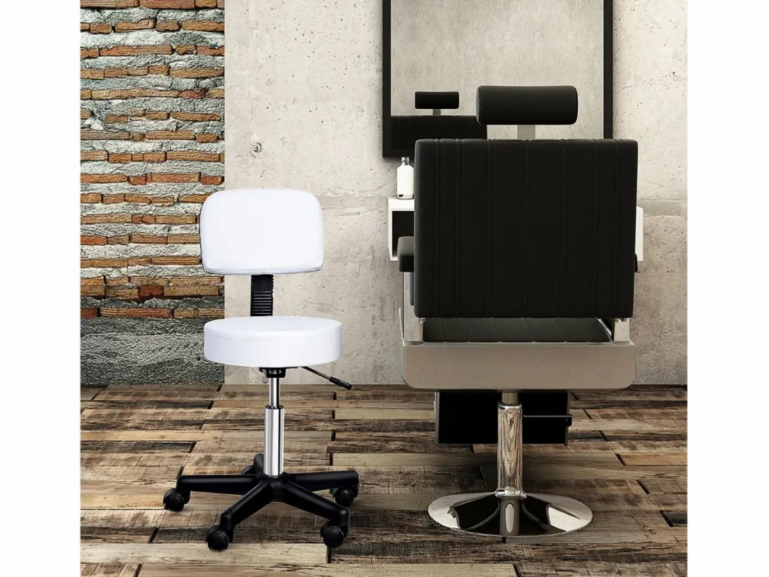 New Taburete de trabajo regulable con respaldo, ruedas giratorias, piel sintética blanca (35x35x72-84cm) Taburete De Oficina