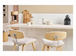 Online Miliboo Taburetes de bar de diseño de terciopelo texturizado y madera clara de 69 cm de altura (juego de 2) VASCO Beige