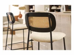 Sale Miliboo Taburetes de diseño en tela efecto terciopelo texturizado , metal negro y mimbre (juego de 2) MIRANDA Beige