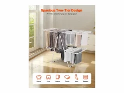Tendedero Plegable SucceBuy, Tendedero de Pie de 2 Niveles, con Pinzas para Calcetines y 31 Barras de Secado, de Metal, Altura Ajustable, Blanco