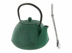 Tetera de hierro fundido Hanami verde esmeralda 1.2 L + pajita de acero inoxidable con filtro